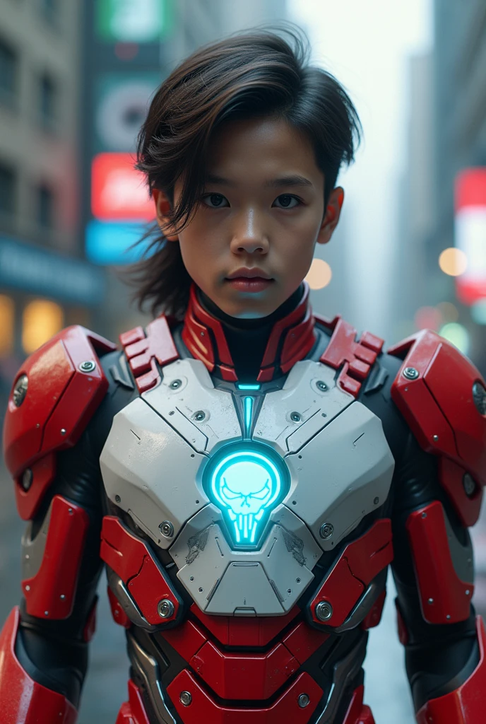 a young 17 year old boy wearing a red and white exoskeleton armor, a robot face on his chest , malaysian mullet hairstyle, detailed face and eyes, highly detailed, 8k, photorealistic, cinematic lighting, concept art, sci-fi. Led light blue.led light robot face on body Punisher. Marvel. Alien robot face on body. Mechamato. Robot face on chest. Talking robot on chest