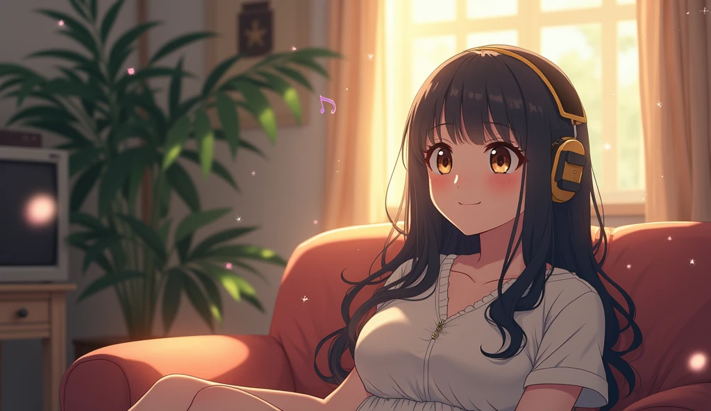 Perfect image, 8k, High school girl listening to music in a cozy room,Big Breasts、 Using headphones, 2D-style animation, Lo-Fi, Magical World、A big smile、Retro、Anime style illustrations、Mature atmosphere
