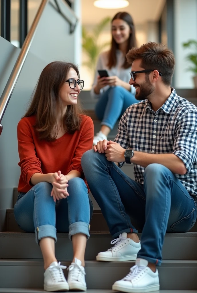 1 girl and 1 couple is sitting on the wide stairs in office area and talking, the girl is wearing a red top and jeans and specs and the boy is wearing a grey check shirt and jeans and both are wearing white shoes, but boy are not wearing specs, but wearing smart watch, a friend of both of them is also sitting with them, she is using her phone. She is sitting on the stairs one below them, boy talking to red top girl