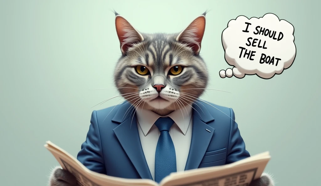 photorealistic, highly detailed, 8k, masterpiece, A cat wearing a blue business suit and tie, reading a newspaper, newspaper headline says "GROK 2 FLUX", cat thought bubble says "I should sell the boat",