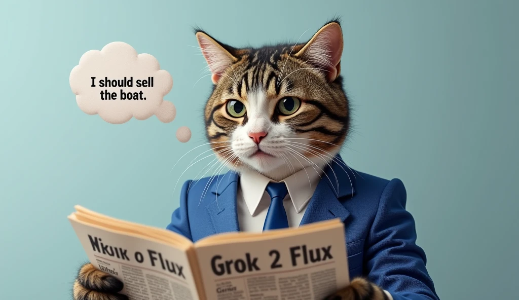 photorealistic, highly detailed, 8k, masterpiece, A cat wearing a blue business suit and tie, reading a newspaper, newspaper headline says "GROK 2 FLUX", cat thought bubble says "I should sell the boat",