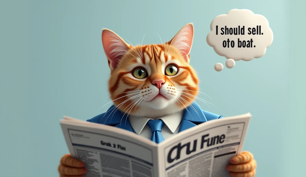 photorealistic, highly detailed, 8k, masterpiece, A cat wearing a blue business suit and tie, reading a newspaper, newspaper headline says "GROK 2 FLUX", cat thought bubble says "I should sell the boat",