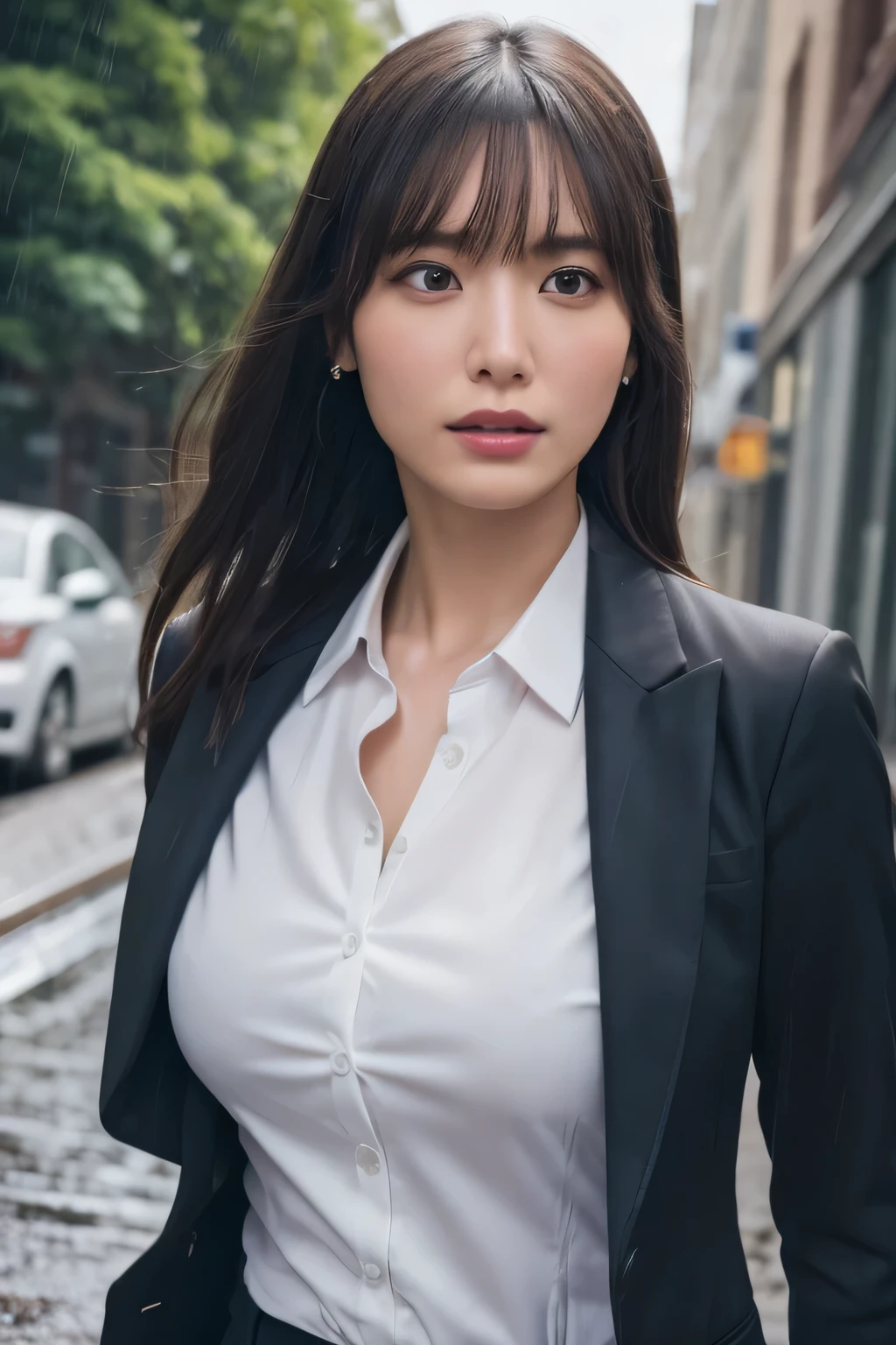 a woman in a suit, belt, hands behind back, sweating, suspenders, black jacket, black pants, sexy, large breasts, see-through clothing, rain, heavy rain, detective, office worker, white button-up shirt, (best quality,4k,8k,highres,masterpiece:1.2),ultra-detailed,(realistic,photorealistic,photo-realistic:1.37),hyper-detailed,highly detailed face and body, スレンダー　細い　サスペンダー　大きい胸　透けたシャツ　