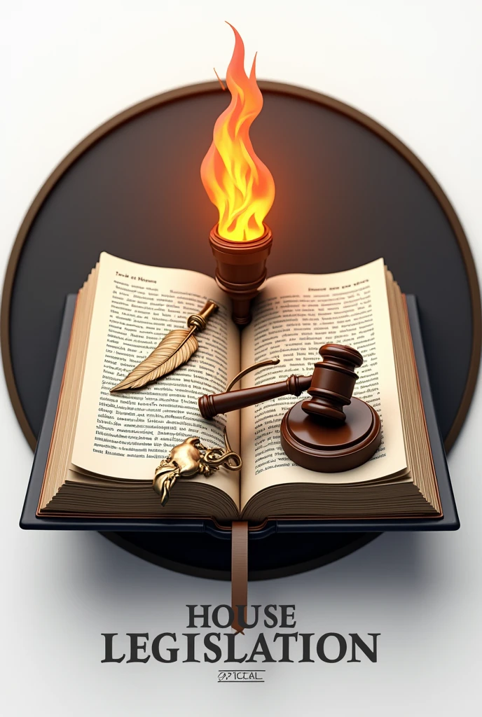 make a logo where an open page book has a drawing of torch and on the other page is gavel, quill and ink . in 3d complex design with a word "house of legislature" with circle background