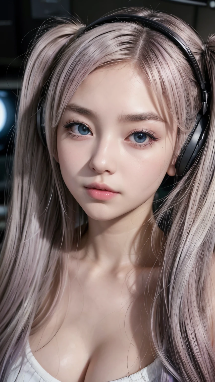 (A photo was posted on social media of a beautiful girl dressed as an idol, wearing headphones and singing into a microphone in a recording studio.。.) (そのbeautiful少女は , 18% Japanese, 26% French, And 56% Ukrainian descent, Height: 178cm, Small breasts but good style、beautiful, Well-proportioned body type.) (Her hair is pink-ash grey and very long., Tied in twin tails with black ribbons、Curled in a spiral towards the end.) (Her eyebrows are the same color as her hair, thin, Slightly thick and short, And her eyelashes are long.) (Her big blue eyes reflected the light、真珠のように驚くほどbeautiful。.) (Her nose is as high as an English person's, her lips are plump、It has a shape that makes you want to kiss it, Her skin is translucent white., and the balance between her head and face is in line with traditional Japanese aesthetics.) Not too many fingers, not too few, And they are very delicately expressed.. (single, masterpiece, Super detailed, Highest quality, Artwork, Ultra-precision, Realistic, Realistic, High resolution, Dynamic Lighting Effects, Golden Ratio, Surreal). Do your best to meet all of these criteria..