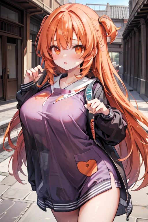 (1 anime girl) (orange hair, long resurrection), (orange eyes, bright), slight blush, ((masterpiece)) (super detailed) (super developed) (big breasts) ((scenery: courtyard of a university)) (sexy) sexy college clothes, tight and marked, and sexy pose