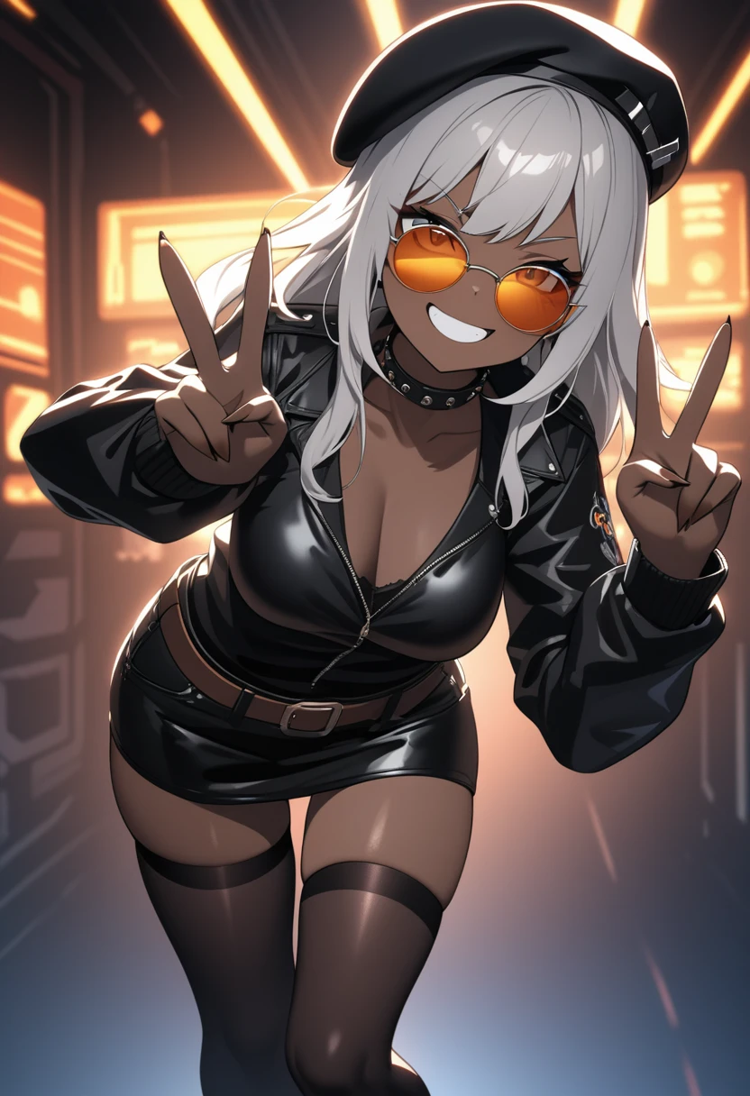 High Quality, Masterpiece, 1girl, cute, gyaru, brown skin, silver hair, Black beret hat, black leather jacket with furry collar, open to reveal a black top underneath, Black miniskirt, brown belt, (small metallic orange round sunglasses with a metallic glare), Black thigh-high stockings, Cyberpunk futuristic background with mechanical elements, Dramatic lighting with high contrast between black, red, and white, Dynamic pose with scattered star-like effects for added motion, seductive smile, double v, grin, leaning forward, Edgy and cool atmosphere, Backlit scene with strong contrast,