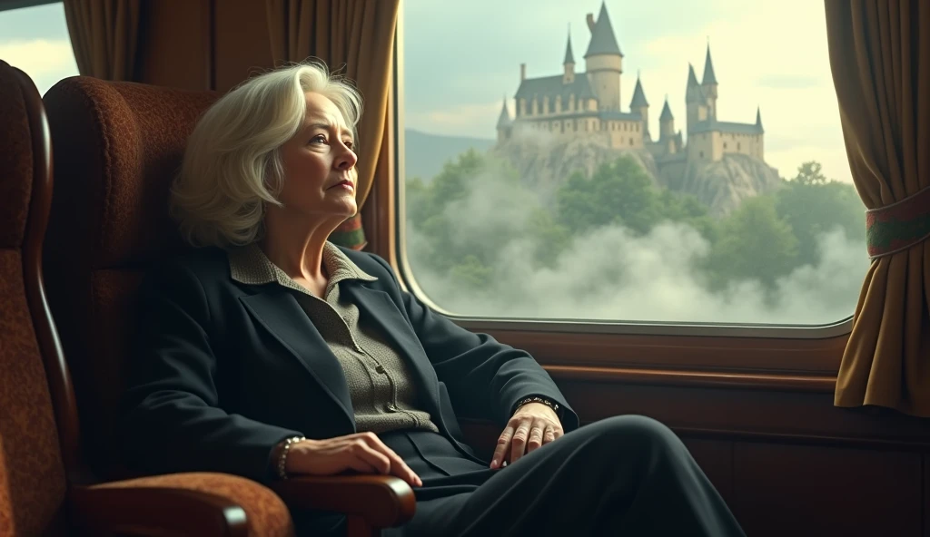 A train interior with a daydreaming J.K. Rowling gazing out of the window, with a ghostly image of Harry Potter, Hogwarts, and a magical world forming in the clouds outside