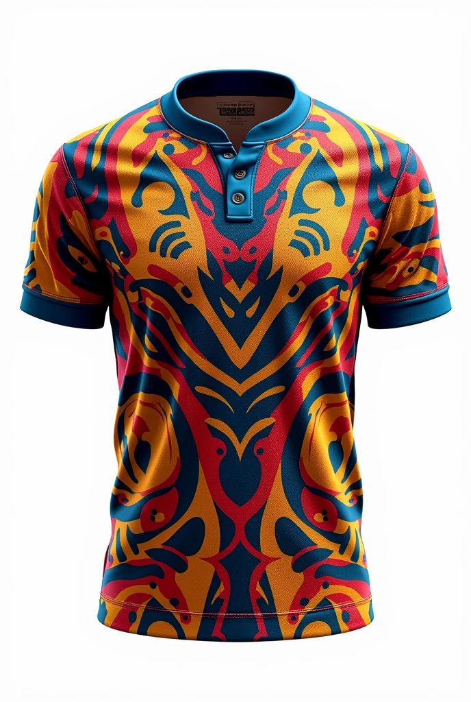 Create rugby jersey maori tribe full pattern yellow red blue retro round neck collar white background front and back