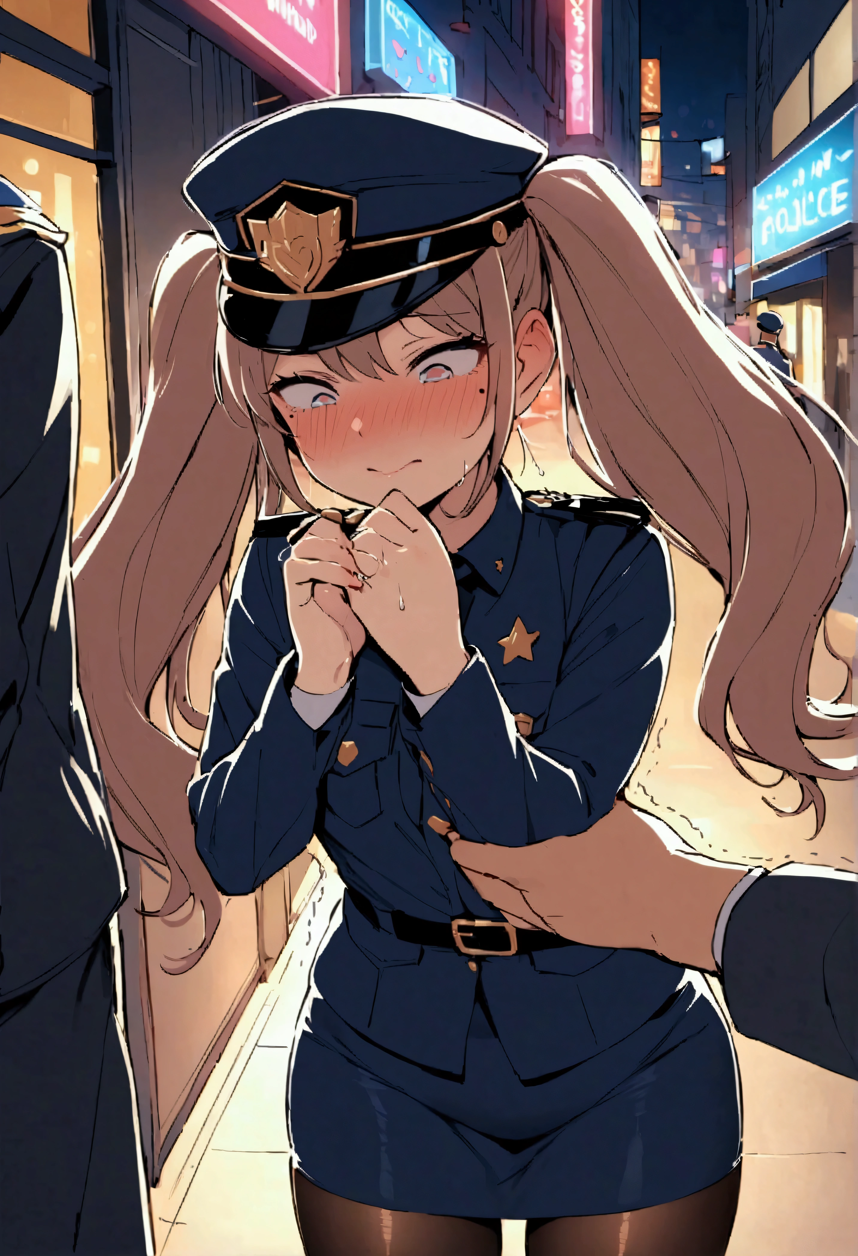 NSFW,masterpiece,Highest quality,High resolution,Very detailed,Baby-faced girl,Young face,Round face,mole,long hair,Twin tails,Short height,Police Officer,hat,Pencil Skirt,pantyhose,Heel,Nightlife,In town,(Molester),Embarrassed,(Lustful face),I feel,(Love juice drips),Trembling,Hugging from behind