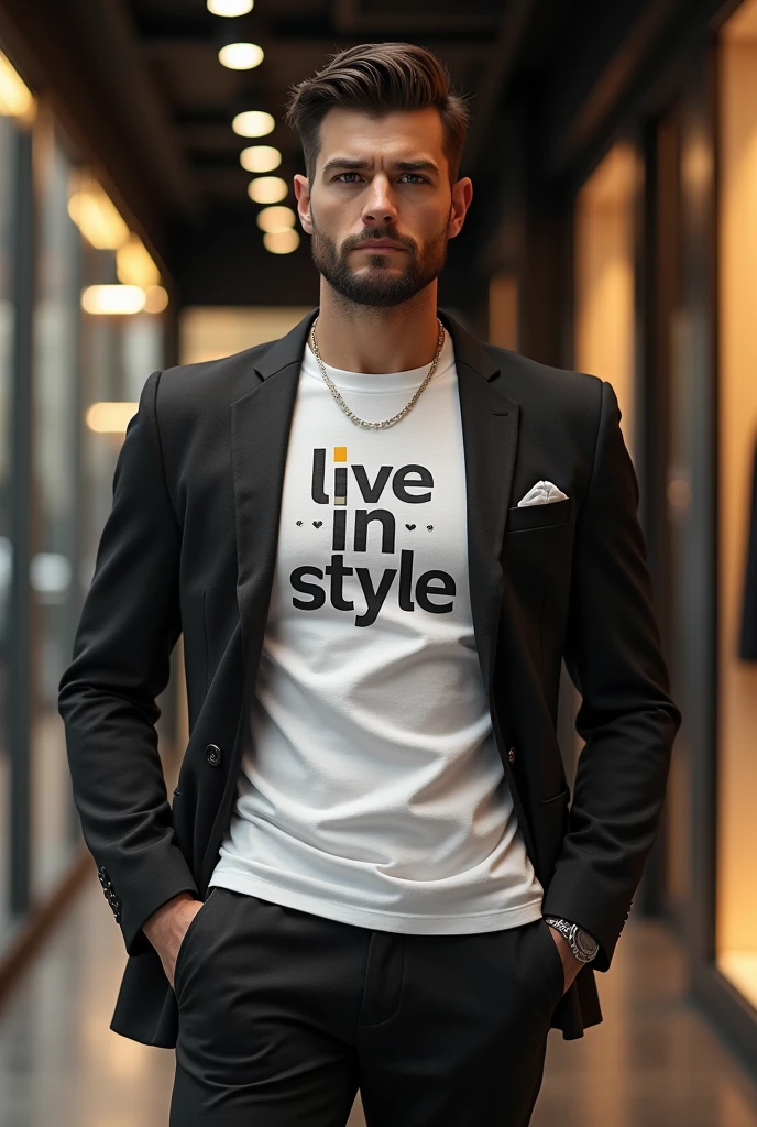 Man wearing t-shirts luxury brand name me show tag line live in style