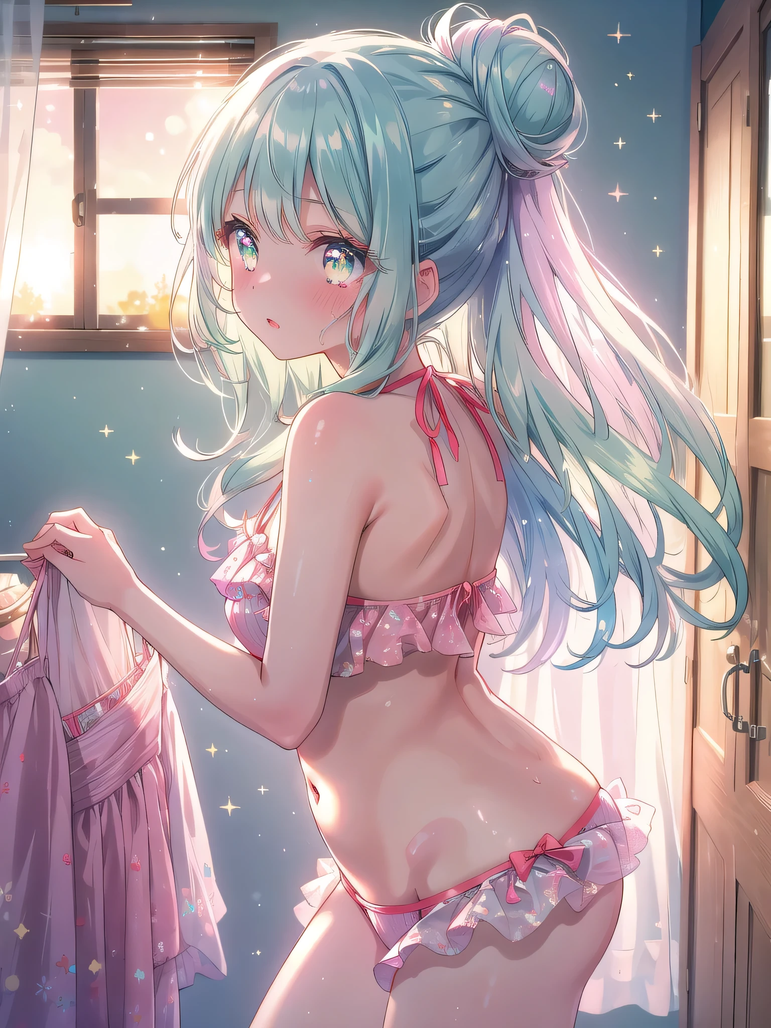 ((8k, Highest quality, masterpiece: 1.3)),Ultra-high resolution,(1 girl, alone), (Color changing eyes, Ultra-detailed, Expressive brilliance, Glitter, Glowing Eyes), Highly detailed eyes, Highly detailed face, Random Hair, ((pastel colour)), A shy young woman with pastel mint green hair styled into a loose bun, standing in her softly lit bedroom during the calm of early evening. She is wearing a blush pink bikini, and just as she turns towards the mirror, (the string of her bikini top suddenly comes undone, causing it to slip dangerously low). Her cheeks flush a deep red as she quickly brings both hands up to press the loose bikini top against her chest, trying to keep it in place. The camera captures her from a low, frontal angle, focusing on her flustered expression and the delicate way she holds the bikini, with the warm, golden light from the setting sun softly illuminating the room, adding to the intimate atmosphere.