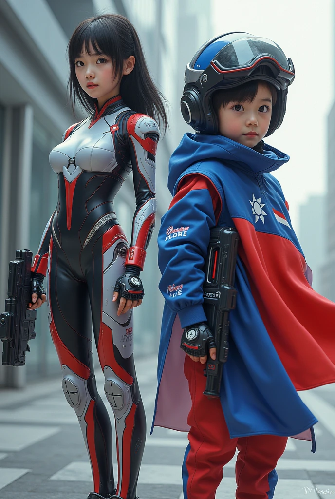 hyper realistic image of a girl with the machines type suit and a boy with cyborg costume both suit contain a country jursey "Taiwan" flag design, and police written on their gadget, show protection and agility.