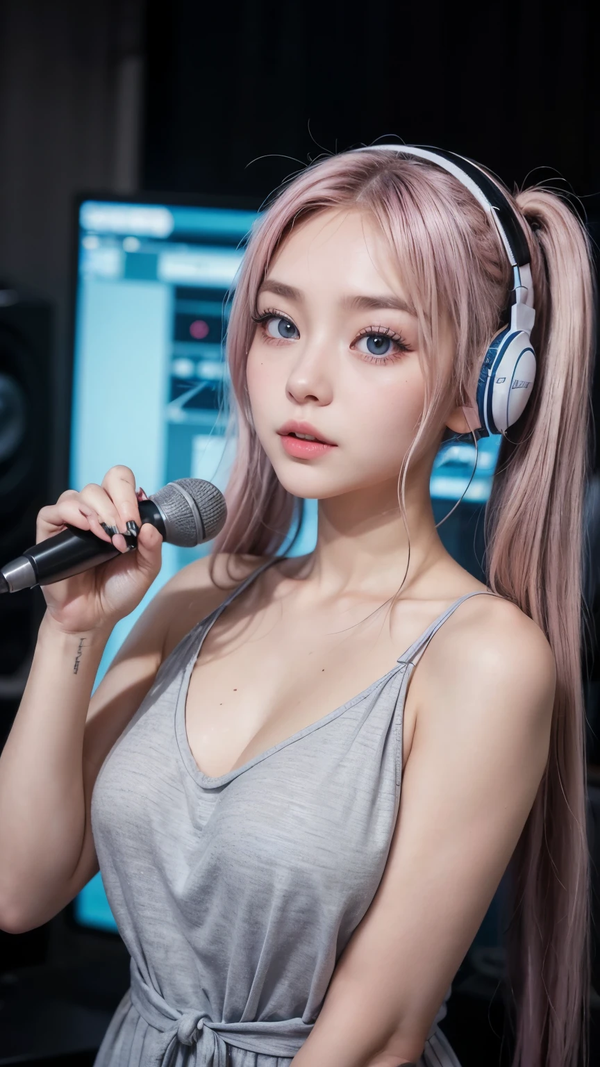 (A photo was posted on social media of a beautiful girl dressed as an idol, wearing headphones and singing into a microphone in a recording studio.。.) (そのbeautiful少女は , 18% Japanese, 26% French, And 56% Ukrainian descent, Height: 178cm, Small breasts but good style、beautiful, Well-proportioned body type.) (Her hair is pink-ash grey and very long., Tied in twin tails with black ribbons、Curled in a spiral towards the end.) (Her eyebrows are the same color as her hair, thin, Slightly thick and short, And her eyelashes are long.) (Her big blue eyes reflected the light、真珠のように驚くほどbeautiful。.) (Her nose is as high as an English person&#39;s, her lips are plump、It has a shape that makes you want to kiss it, Her skin is translucent white., and the balance between her head and face is in line with traditional Japanese aesthetics.) Not too many fingers, not too few, And they are very delicately expressed.. (single, masterpiece, Super detailed, Highest quality, Artwork, Ultra-precision, Realistic, Realistic, High resolution, Dynamic Lighting Effects, Golden Ratio, Surreal). Do your best to meet all of these criteria..