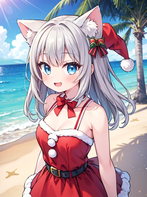 (Summer Christmas:1.3), Beach, 1 girl, cute, Santa Claus, (Christmas tree:1.2), Present Box, (Cat ear), ((Gray Hair)), Medium Hair, Bangs, Blue Eyes, (smile:1.3), (Open your mouth:1.3), (Arms at your sides:1.3), Outdoor, (noon), summer, Shot from above, Cowboy Shot, ((Highest quality)), ((masterpiece)), (Detailed), Perfect Face, Perfect Arms, (Perfect hands), (Perfect Fingers), anime, Ultra-fine illustration,