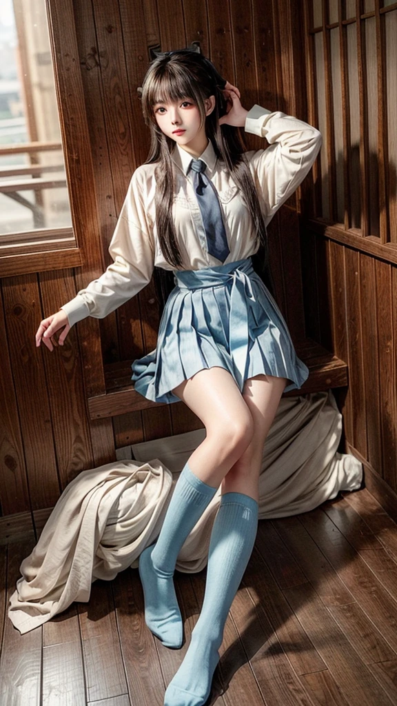 prompt: Full body portrait of a young woman with long, straight brown hair blowing gently in the wind。She has large, expressive eyes、Soft makeup applied to enhance natural beauty。The skin is perfect、There is a slight redness on the cheeks。She is Japanese and wears a uniform.、The skirt is a pleated miniskirt that reaches above the knees.。I'm wearing black knee-high socks。The shirt is light blue and he is wearing a tie.。Gives a delicate and gentle impression。The background is softly blurred、Natural light gives the scene a warm, gentle glow.。The atmosphere is calm and peaceful。