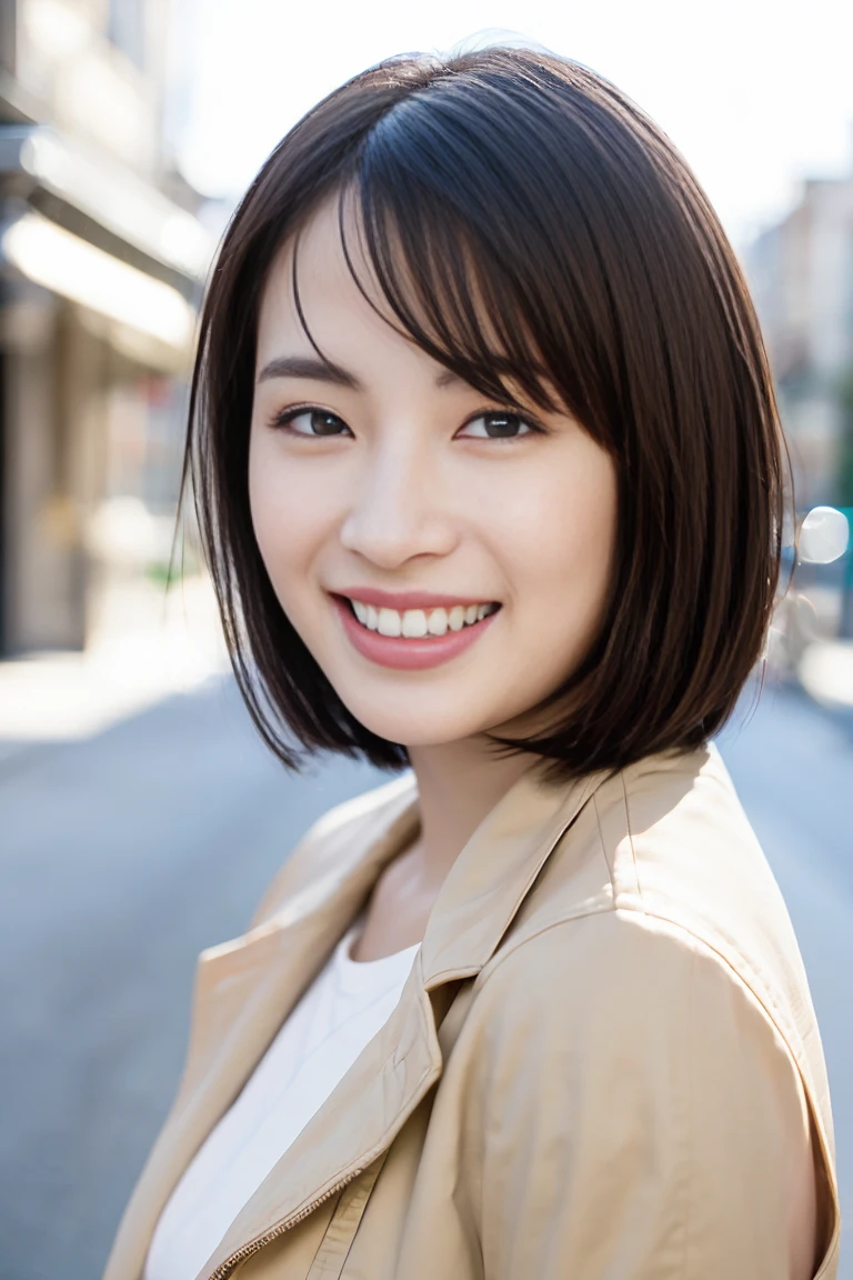 (Realistic、photo Realistic:1.3)、1 person、23 years old、(Bob Hair, Shortcuts, Brown Hair), (Change of clothes: 1.2), panties, City of night、 (Browsing Caution:1.3), Beautiful Skin, blush, Grinning face、Very detailed、super high quality,Jacket、Areola