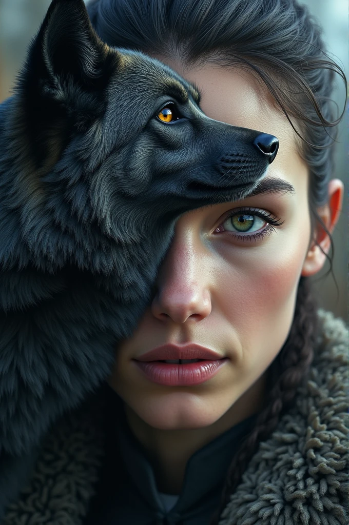 Arya stark hyper realistic close up and nymeria is ober her face but at the same time is like a superposition one of the wolf eye at the same level of arya's. The face of the wolf is 3 quarters profile so is looking in a different direction to arya but is still over her face from our perspective