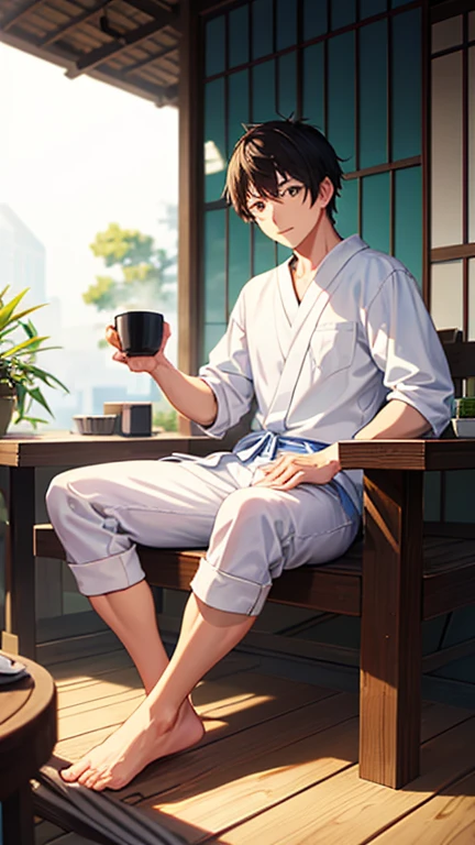 A japanese man in his 20s, (((full body))), nakid, Sitting, lean muscular, enjoy a cup of coffee