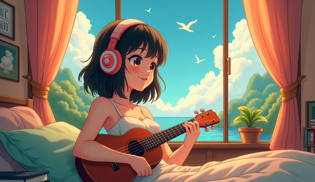 Perfect image, 8k, High school girl listening to music in a cozy room,Big Breasts、 Using headphones, 2D-style animation, Lo-Fi, Magical World、A big smile、Retro、Anime style illustrations、Mature atmosphere、Ukiuki