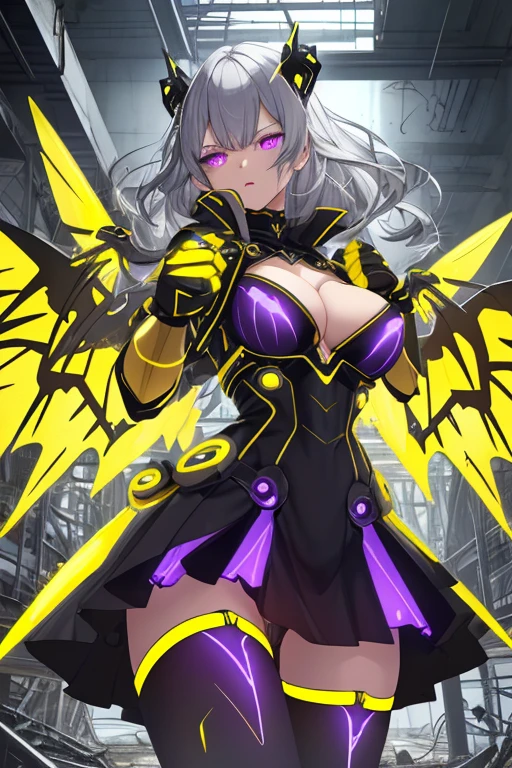 Yellow cyber suit, black skirt, cleavage, silver hair, purple eyes, mechanical trident, electricity flowing, fighting stance, abandoned factory, sparks, screaming, glowing wings, thighs, garters