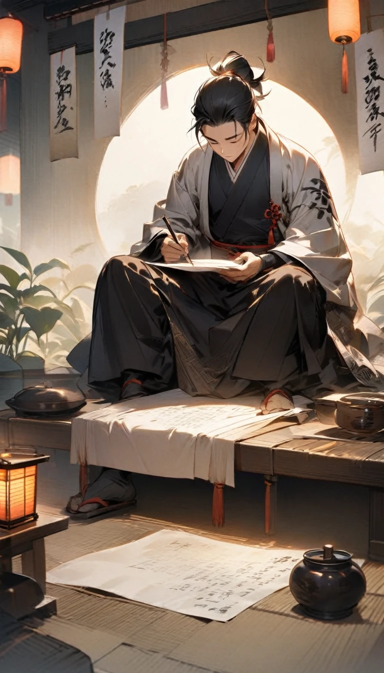 "A samurai seated by a lantern, composing a poem on rice paper. The soft glow of the lantern illuminates his thoughtful expression."