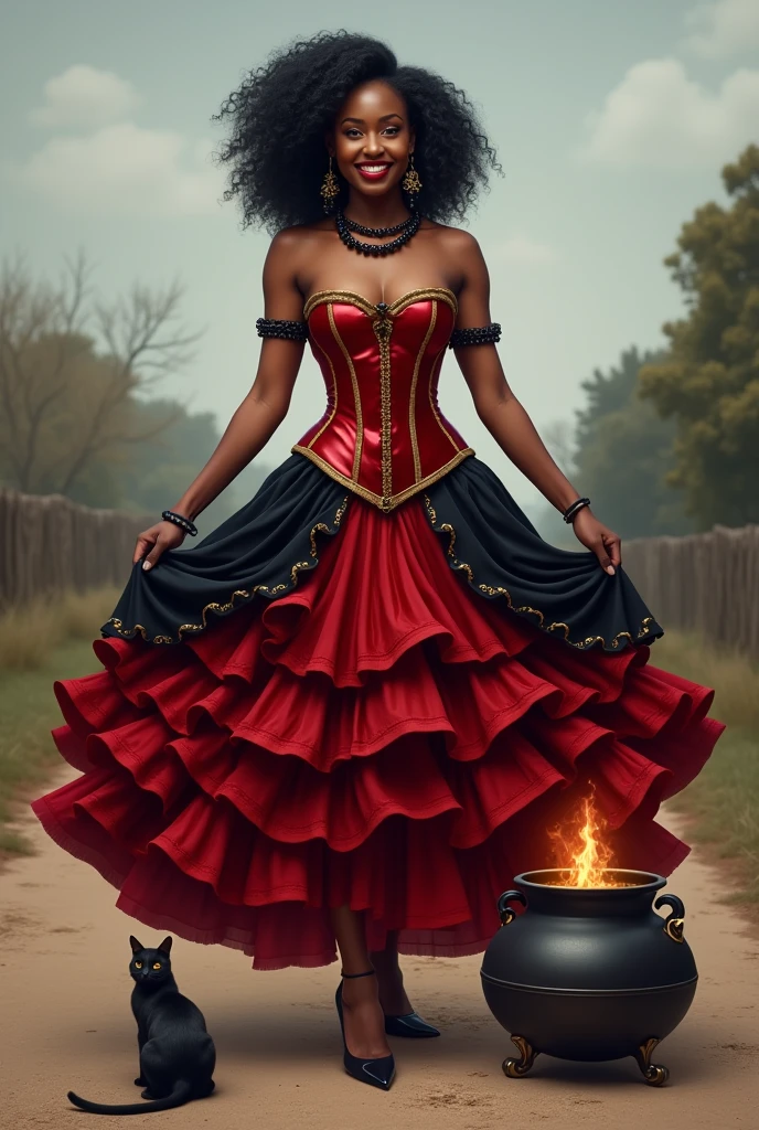 Realistic image of a Black woman, with black curly hair, with a smile on her face with red lipstick, wearing gold earrings, black bead necklace, red and transparent with a trident on the tip. In one hand she is stretching her skirt. Her outfit is a red corset with gold details., a red and black skirt with gold details and seven ruffles, the girl appears spinning. In the background a dirt road with a light gray sky, On the ground of the road a cauldron lit with a black cat.