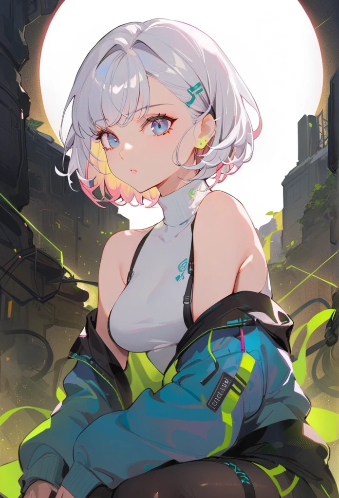 Cyberpunk edgerunners, 1 Girl, Lucy (Cyberpunk), 裸Off-shoulder膀, blue eyes, breast, Tights, Looking at the audience, medium breast, Off-shoulder夹克, Off-shoulder, Red Eyeliner, short hair, sleeveless turtleneck Tights, Solitary, turtleneck Tights, White hair, ((masterpiece)) (best quality, masterpiece)