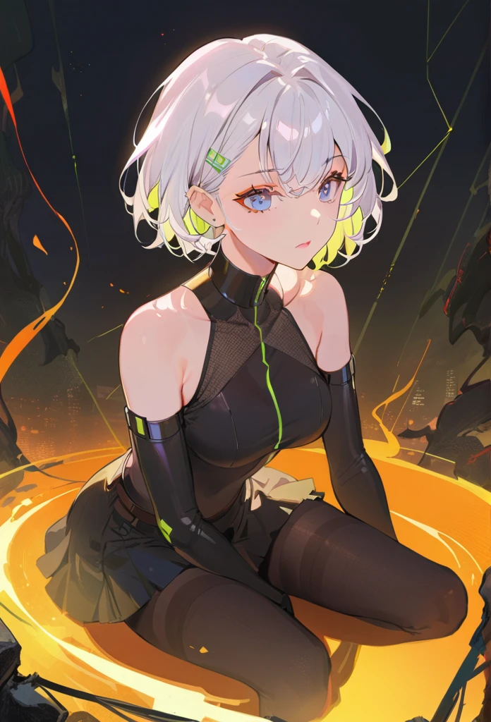 Cyberpunk edgerunners, 1 Girl, Lucy (Cyberpunk), 裸Off-shoulder膀, blue eyes, breast, Tights, Looking at the audience, medium breast, Off-shoulder夹克, Off-shoulder, Red Eyeliner, short hair, sleeveless turtleneck Tights, Solitary, turtleneck Tights, White hair, ((masterpiece)) (best quality, masterpiece)