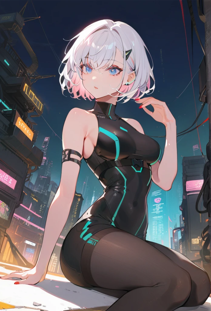 high quality, 1 girl, solo, cyberpunk edgerunners, 1girl, lucy \(cyberpunk\), bare shoulders, blue eyes, breasts, leotard, looking at viewer, medium breasts, off-shoulder jacket, off shoulder, red eyeliner, short hair, sleeveless turtleneck leotard, solo, turtleneck leotard, white hair, ((masterpiece)), slight smile, sitting, neon city background, bent leg, smoked, view from side