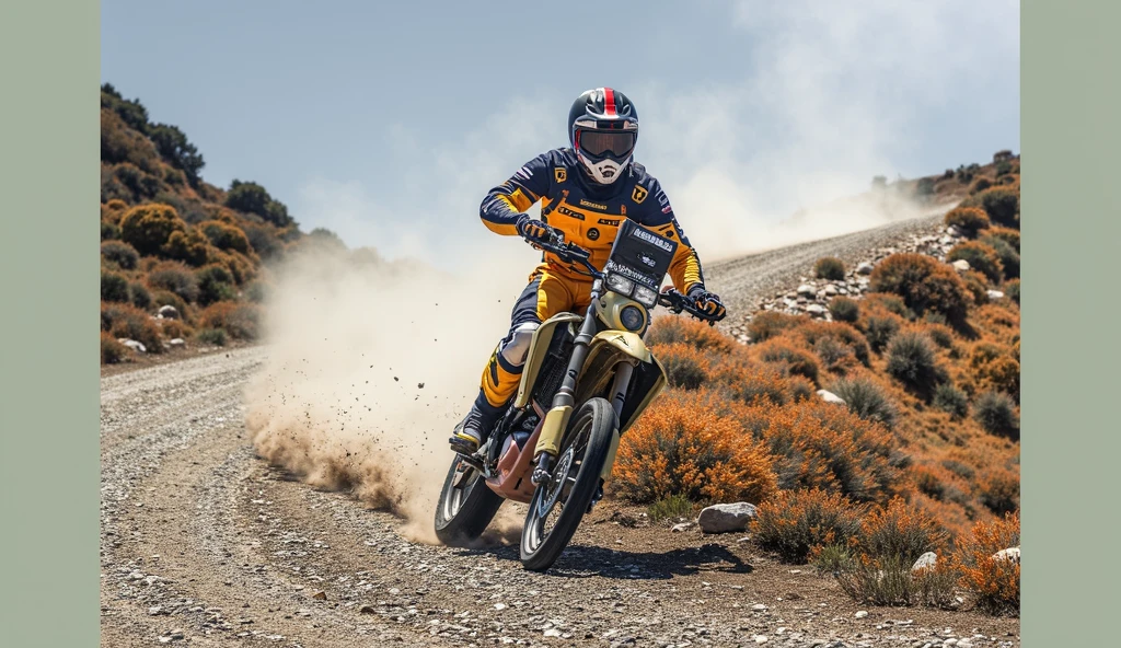 34-year-old man riding an electric motorcycle, On the road at any time，Side view, Rear wheel blasts sand and dust,   Dusty atmosphere，full-body shot，Vision，Depth of field lens，Dynamic poses，8k Ultra Detail，high quality，Fresh colors，adventure