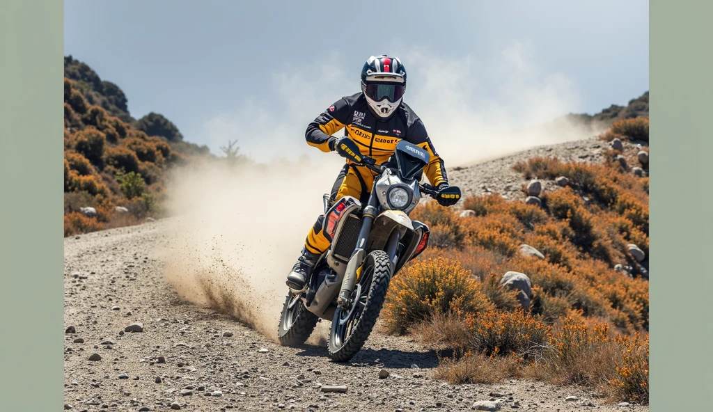 34-year-old man riding an electric motorcycle, On the road at any time,Side view, Rear wheel blasts sand and dust, Dusty atmosphere,full-body shot,Vision,Depth of field lens,Dynamic poses,8k Ultra Detail,high quality,Fresh colors,adventure