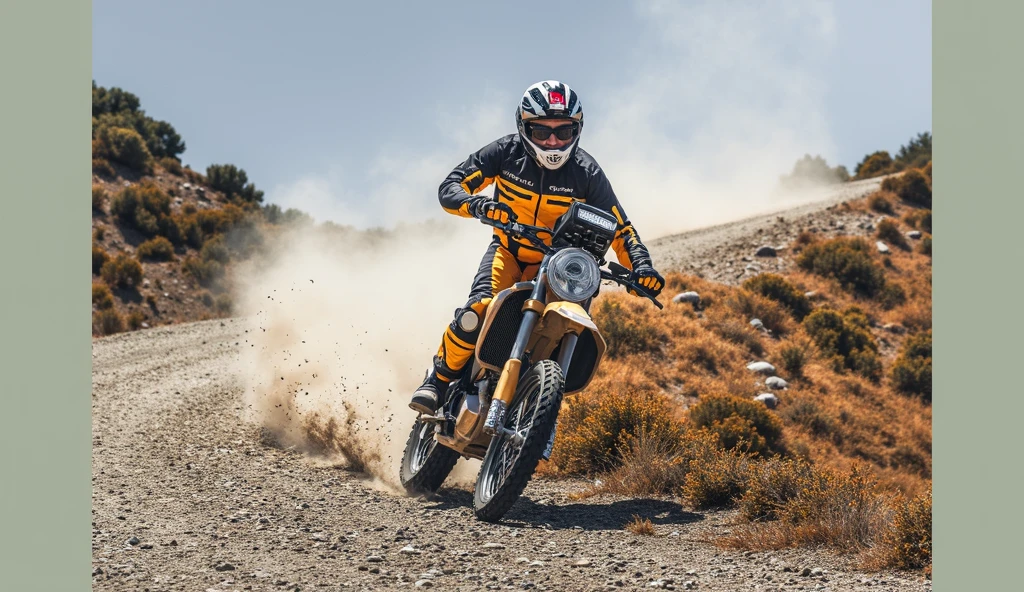 34-year-old man riding an electric motorcycle, On the road at any time，Side view, Rear wheel blasts sand and dust,   Dusty atmosphere，full-body shot，Vision，Depth of field lens，Dynamic poses，8k Ultra Detail，high quality，Fresh colors，adventure