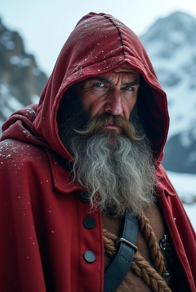 an image of a bearded mountain man in a red hooded robe with mountains in the, Kerembeyit, a character portrait, fantasy art, sean harris wizard, viking and templar aesthetics, closeup portrait of an mage, picture of a male cleric, from witcher (2021), epic character portrait, 3D effect ultra-detailed intricate insanely full HD, golden ratio, volumetric modeling, spotlight embroidery, accents masterpiece, Art photography by Jock Sturges Camera: Alsaphot Le Cyclope 105mm f/4.5 with Ilford Delta ISO 400 film.. The 3D effect is so ultra-detailed that every pore, and every line of expression.bearded mountain man wearing a hoodie in a snowy forest with snow on the trees,, epic fantasy character art, a character portrait, cyberpunk art 3D effect ultra-detailed intricate insanely full HD, full body portrait, hyperrealist artwork, photorealistic digital painting cinematic film light, expressive eyes, wearing a winter hat in front of a steampunk aesthetic snowy mountain range, a character, portrait, photorealism, cg society contest winner, 8k artistic portrait photography, cinematic realistic portrait, highly detailed vfx portrait, cinematic shot epic portraits, portrait of a rugged ranger, portrait of an adventurer, adventure, beard gray, an image of a man in a fur coat on top of a snow covered mountain, a detailed matte painting, male polar explorer, combat and adventure photography, matte painting portrait shot, neanderthal people, hunter alone in the wilderness, wearing cave man clothes, (steampunk), (cyberpunk aesthetic), (retrofuturism, atompunk), heroic proportions, inside trunks cabin, campfire, , western, wild west, low-angle shot, dramatic angle, extreme angle shot, epic fantasy, horror, wild ife, , macro shot

