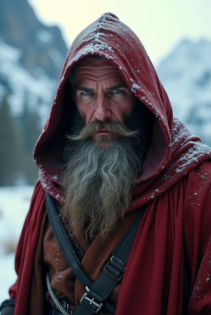 an image of a bearded mountain man in a red hooded robe with mountains in the, Kerembeyit, a character portrait, fantasy art, sean harris wizard, viking and templar aesthetics, closeup portrait of an mage, picture of a male cleric, from witcher (2021), epic character portrait, 3D effect ultra-detailed intricate insanely full HD, golden ratio, volumetric modeling, spotlight embroidery, accents masterpiece, Art photography by Jock Sturges Camera: Alsaphot Le Cyclope 105mm f/4.5 with Ilford Delta ISO 400 film.. The 3D effect is so ultra-detailed that every pore, and every line of expression.bearded mountain man wearing a hoodie in a snowy forest with snow on the trees,, epic fantasy character art, a character portrait, cyberpunk art 3D effect ultra-detailed intricate insanely full HD, full body portrait, hyperrealist artwork, photorealistic digital painting cinematic film light, expressive eyes, wearing a winter hat in front of a steampunk aesthetic snowy mountain range, a character, portrait, photorealism, cg society contest winner, 8k artistic portrait photography, cinematic realistic portrait, highly detailed vfx portrait, cinematic shot epic portraits, portrait of a rugged ranger, portrait of an adventurer, adventure, beard gray, an image of a man in a fur coat on top of a snow covered mountain, a detailed matte painting, male polar explorer, combat and adventure photography, matte painting portrait shot, neanderthal people, hunter alone in the wilderness, wearing cave man clothes, (steampunk), (cyberpunk aesthetic), (retrofuturism, atompunk), heroic proportions, inside trunks cabin, campfire, , western, wild west, low-angle shot, dramatic angle, extreme angle shot, epic fantasy, horror, wild ife, , macro shot