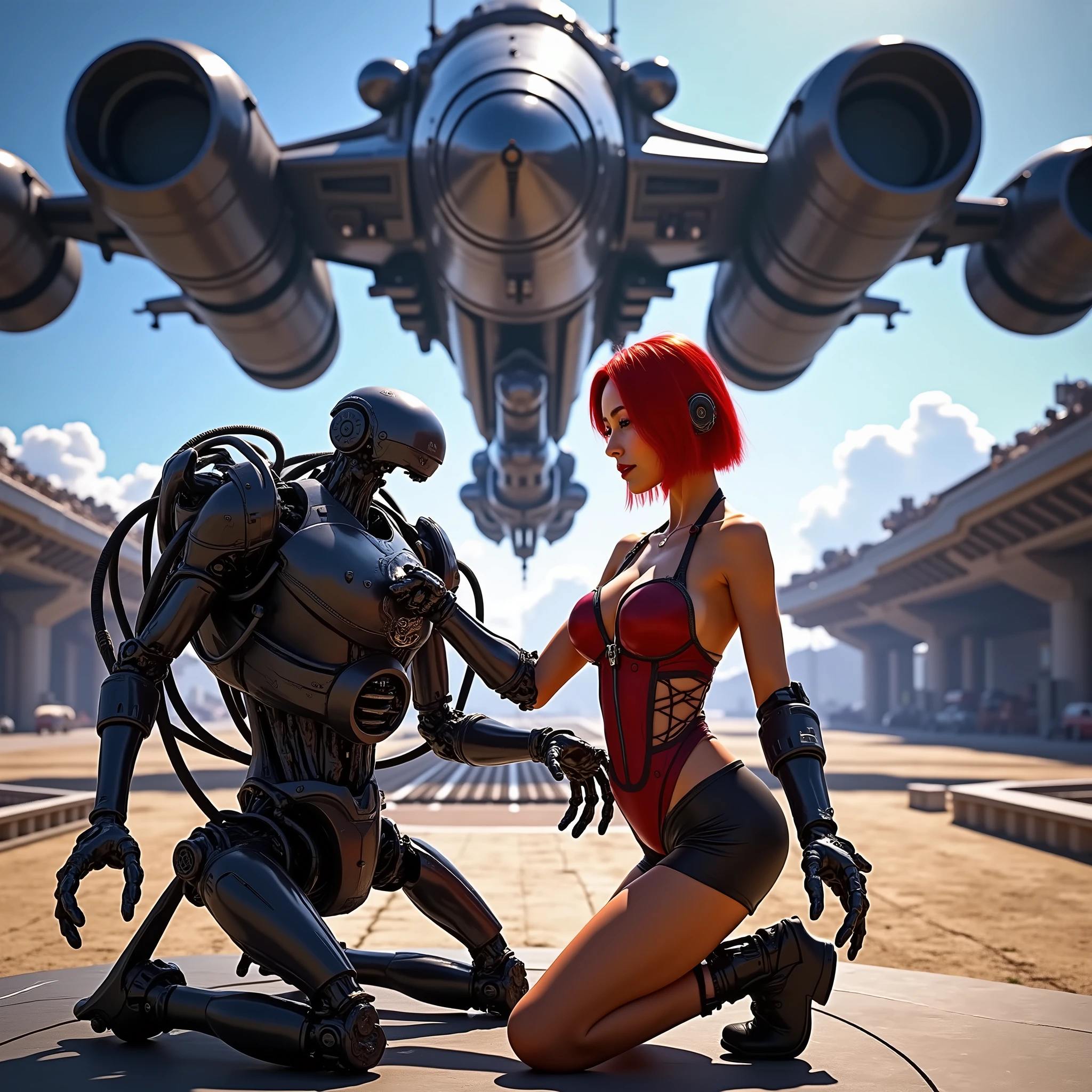 (((cyberpunk style with neon style mixed in))) seen taken from a low-angle perspective of a bright red-haired woman in a red tight corset and black shorts that resemble a sexy repair uniform is sitting on the ground with a tool in hand fixing a broken robot. The robot is black and silver with ans is damaged, is positioned in front of her. The woman is looking at the robot and repairing it. In the background, a large silversleek futuristic cyberpunk spaceship is positioned against a backdrop of a clear blue sky with white clouds as it is landing at the cyberpunk looking spaceport., cinematic lighting, glowing light, reflection light, blending, UHD, retina, masterpiece, accurate, anatomically correct, textured skin, super detail, award winning, best quality, highres, 4K, 8k, 16k
