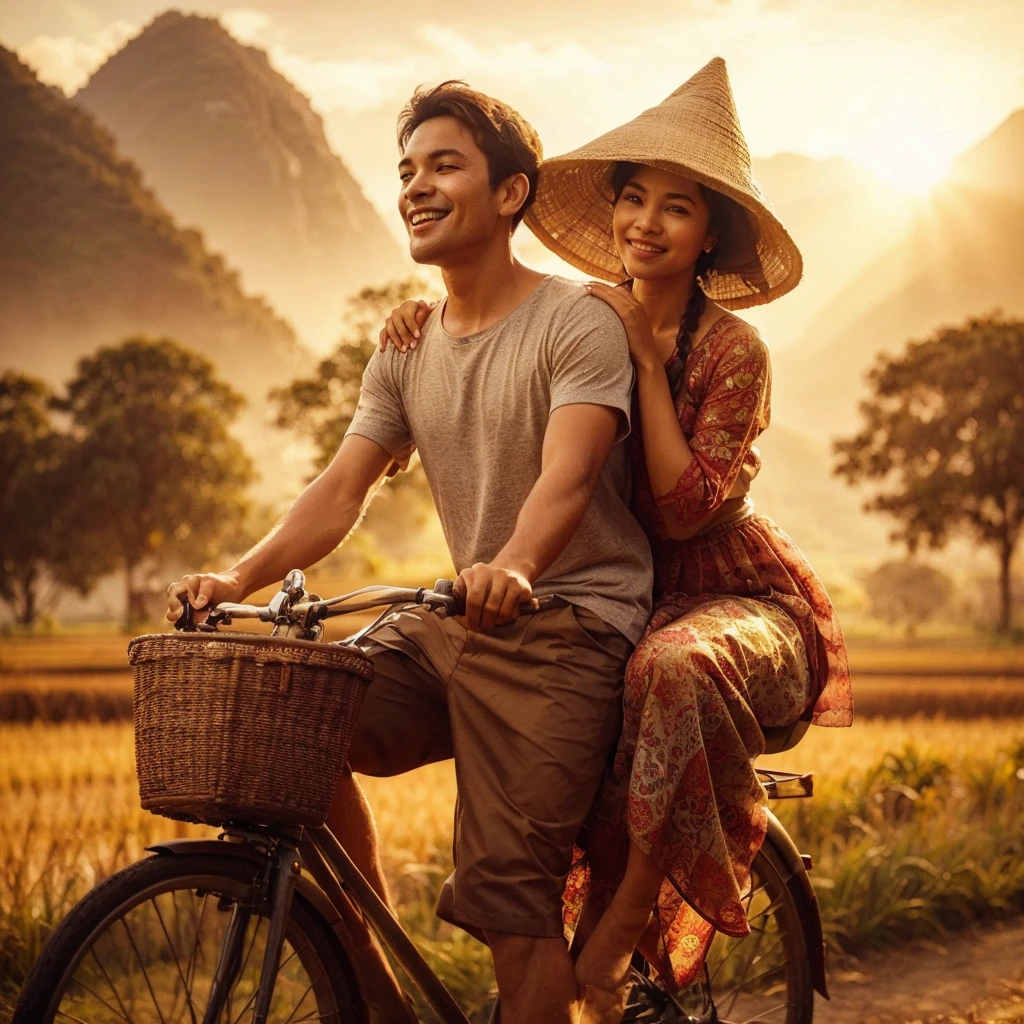 Charming and bright realistic photos that transport you to the serene Indonesian countryside. In the foreground, a husband and his young wife ride an old bicycle, the husband wearing a silver T-shirt, brown shorts, and a cone-shaped hat, and the wife wearing a worn red kebaya, dirty sarong, and a bright smile as she is carried on a ride. her husband behind. The backdrop features mountains and trees, with golden afternoon sunlight bathing the scene in a warm and inviting light. Cute brown ducks foraging in the rice fields add a touch of liveliness to the picturesque setting. Visible brushstrokes give the painting an authentic charm, encapsulating the essence of family ties and a peaceful rural setting., photography