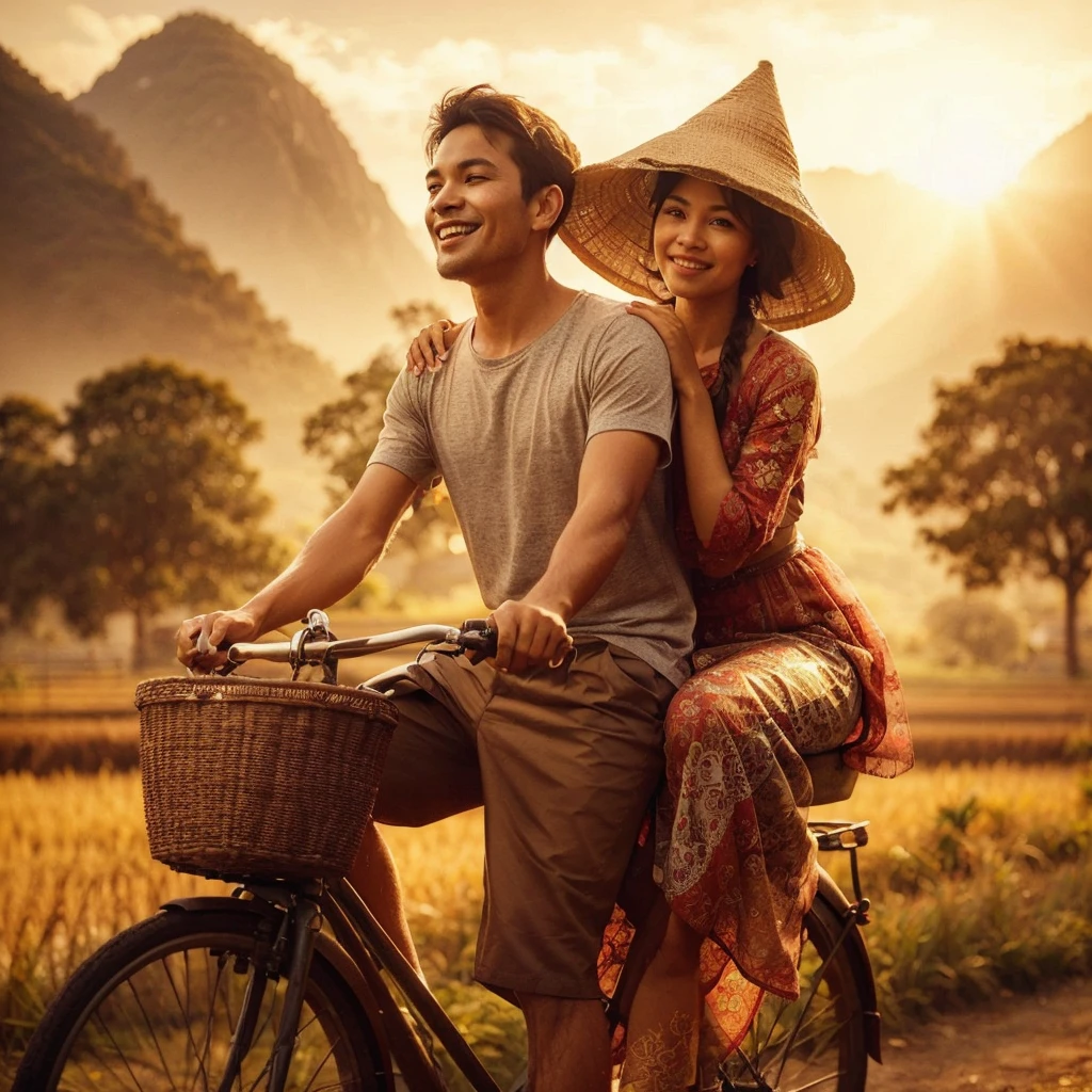 Charming and bright realistic photos that transport you to the serene Indonesian countryside. In the foreground, a husband and his young wife ride an old bicycle, the husband wearing a silver T-shirt, brown shorts, and a cone-shaped hat, and the wife wearing a worn red kebaya, dirty sarong, and a bright smile as she is carried on a ride. her husband behind. The backdrop features mountains and trees, with golden afternoon sunlight bathing the scene in a warm and inviting light. Cute brown ducks foraging in the rice fields add a touch of liveliness to the picturesque setting. Visible brushstrokes give the painting an authentic charm, encapsulating the essence of family ties and a peaceful rural setting., photography