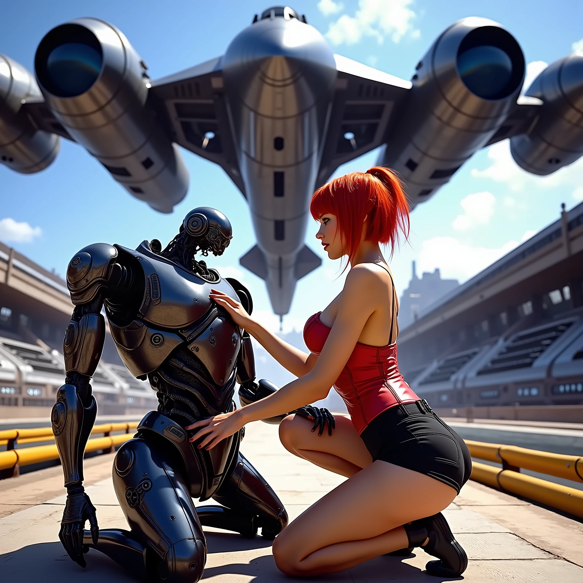 (((cyberpunk style with neon style mixed in))) seen taken from a low-angle perspective of a bright red-haired woman in a red tight corset and black shorts that resemble a sexy repair uniform is sitting on the ground with a tool in hand fixing a broken robot. The robot is black and silver with ans is damaged, is positioned in front of her. The woman is looking at the robot and repairing it. In the background, a large silversleek futuristic cyberpunk spaceship is positioned against a backdrop of a clear blue sky with white clouds as it is landing at the cyberpunk looking spaceport., cinematic lighting, glowing light, reflection light, blending, UHD, retina, masterpiece, accurate, anatomically correct, textured skin, super detail, award winning, best quality, highres, 4K, 8k, 16k