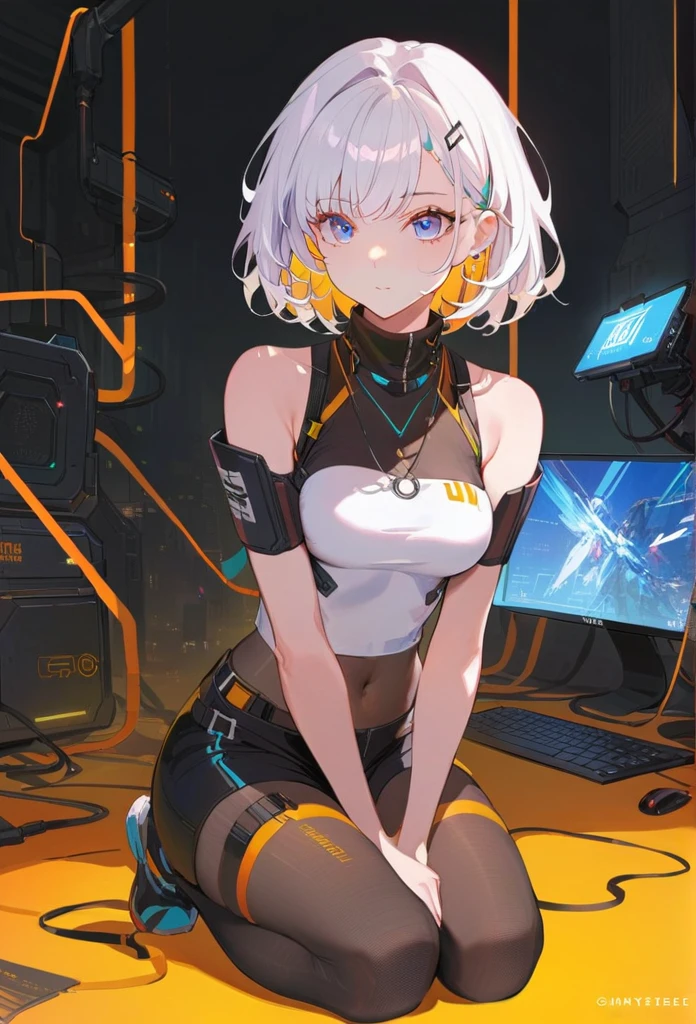 Cyberpunk edgerunners, 1 Girl, Lucy (Cyberpunk), 裸Off-shoulder膀, blue eyes, breast, Tights, Looking at the audience, medium breast, Off-shoulder夹克, Off-shoulder, Red Eyeliner, short hair, sleeveless turtleneck Tights, Solitary, turtleneck Tights, White hair, ((masterpiece)) (best quality, masterpiece)