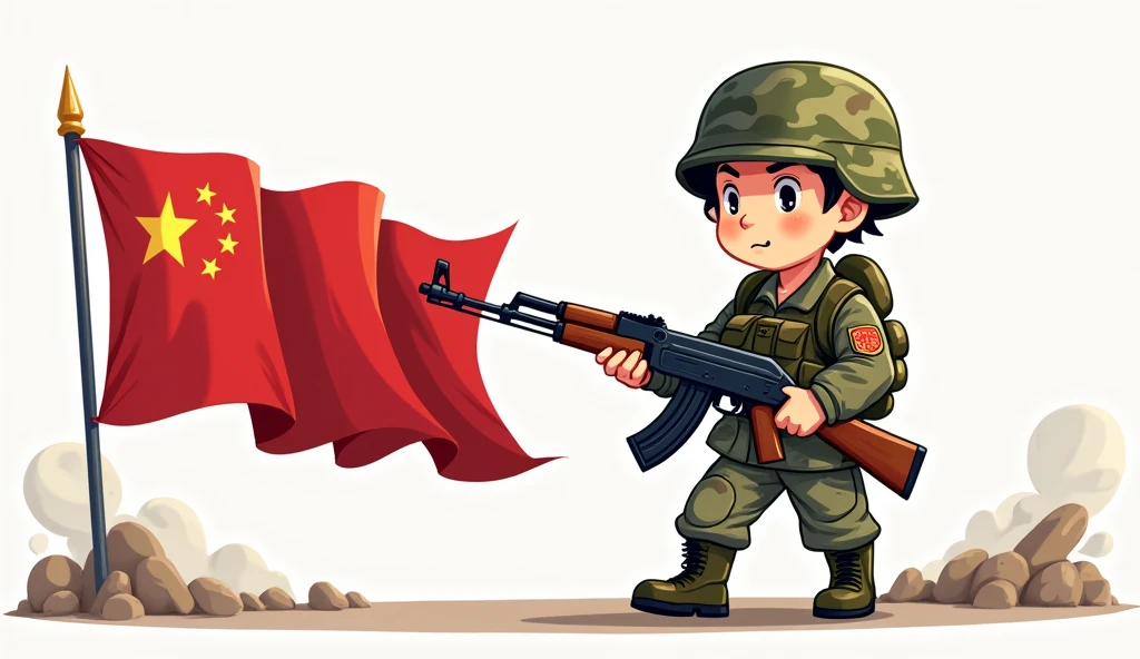 (The background is transparent)(There is a complete one)(On the left is the five-star red flag) (A cartoon character in camouflage military uniform holding an AK47 submachine gun in his right hand)(slogan:"If there is a war,Must return when summoned!",The font must be strong and powerful)(The whole picture looks very loving.)
