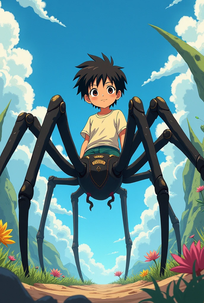 A boy's lower_body is becomed spider(Japanese anime style)(eight legs)