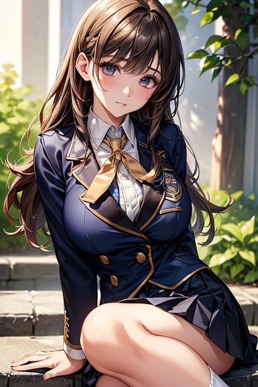 ((Highest quality)),(超High resolution),(Very detailed),(Detailed Description),((The best CG)),(masterpiece),Ultra-detailed art、(Highest quality、8k、32K、masterpiece)、(Realistic)、(Realistic:1.2)、(High resolution)、Very detailed、Very beautiful face and eyes、1 female、((:1.3))、Tight waist、Delicate body、Big Breasts、(Highest quality、Attention to detail、Rich skin detail)、(Highest quality、8k、Oil paints:1.2)、Very detailed、(Realistic、Realistic:1.37)、Bright colors、((Cream colored hair、Loose and fluffy long、Cream colored eyes、Big Breasts、Natural Makeup、Outdoor Background、custom school uniforms、White blouse with navy blue accents、Gold Button、Navy blue pleated skirt with white trim、Knee-length、Navy blue ribbon tie、white ankle socks、Black leather loafers、Navy blue blazer with gold school emblem on breast pocket))