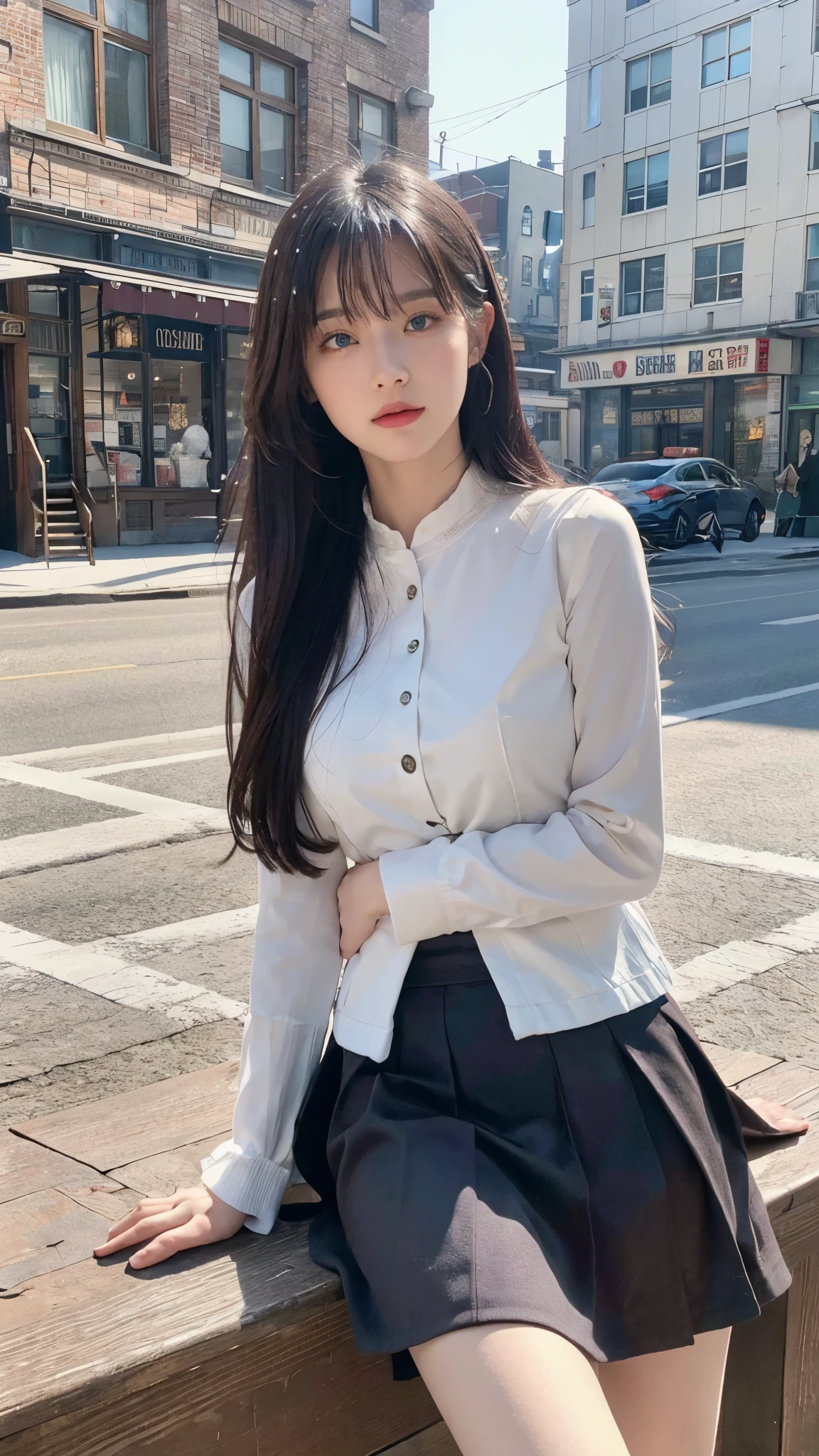 (otherworldly), highly insanely detailed, masterpiece, top quality, best quality, highres, 4k, 8k, RAW photo, (very aesthetic, beautiful and aesthetic), EclipseNightmareBunny,eclipse_(brown_dust_2),brown_dust_2,brown_dust,very long hair, purple hair, blue eyes,colored inner hair,black hair,standing by the walls of the cafe, table on the street, book lying on the table,shadow,floating,flying, (1girl:1.3), beautiful blue eyes, medium breasts, red skirt, powerful legs , chain at the waist, car, solo focus, winter,(snowylandscape,snowflake,city snowy street view:1.2),lightning glare,floating cloud,fog,foggy,