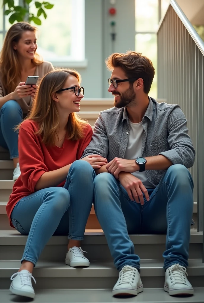 1 girl and 1 couple is sitting on the wide stairs in office area and talking, the girl is wearing a red top and jeans and specs and the boy is wearing a grey check shirt and jeans and both are wearing white shoes, but boy are not wearing specs, but wearing smart watch, a friend of both of them is also sitting with them, she is using her phone. She is sitting on the stairs one below them, boy talking to red top girl