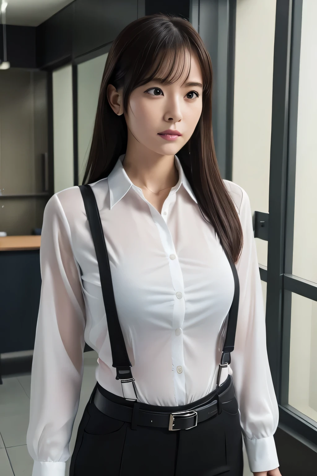 a woman in a suit, belt, hands behind back, sweating, suspenders, black pants, sexy, large breasts, see-through clothing, rain, heavy rain, detective, office worker, white button-up shirt, (best quality,4k,8k,highres,masterpiece:1.2),ultra-detailed,(realistic,photorealistic,photo-realistic:1.37),hyper-detailed,highly detailed face and body, スレンダー 細い サスペンダー 大きい胸 透けたシャツ