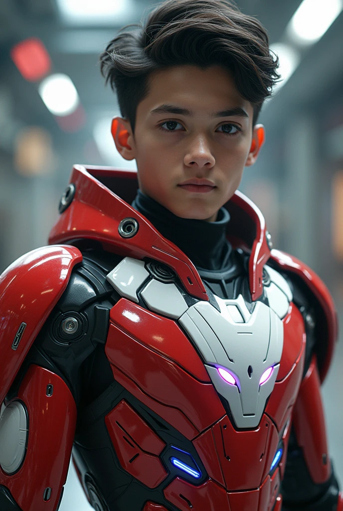 a young 17 year old boy wearing a red and white exoskeleton armor, a robot face on his chest , malaysian mullet hairstyle, detailed face and eyes, highly detailed, 8k, photorealistic, cinematic lighting, concept art, sci-fi. Led light blue.led light robot face on body Punisher. Marvel. Alien robot face on body. Mechamato. Robot face on chest. Talking robot on chest. Robot emoji on body.