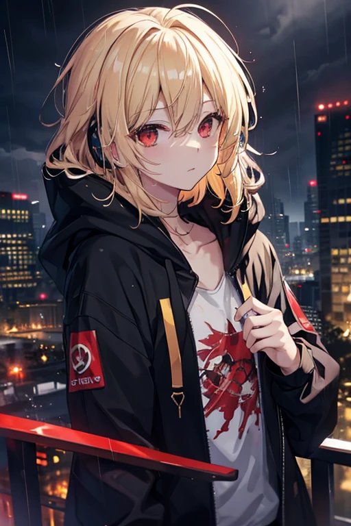 Golden Eyes, Red eyes, accurate, Highest quality, High resolution, Ultra high definition, Very detailed, Blonde, Messy Hair、chest, night、rain、City、Beautiful sky、headphone、Black hoodie、Rim Light、Game characters、
solo、1 person、On top of a building、Empty-handed、
