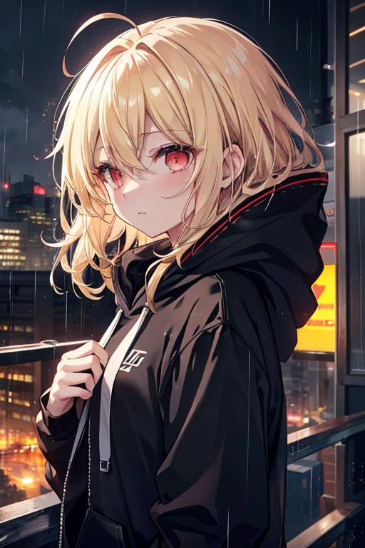 Golden Eyes, Red eyes, accurate, Highest quality, High resolution, Ultra high definition, Very detailed, Blonde, Messy Hair、chest, night、rain、City、Beautiful sky、headphone、Black hoodie、Rim Light、Game characters、
solo、1 person、On top of a building、Empty-handed、