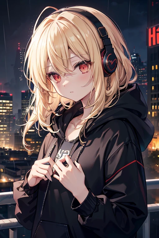 Golden Eyes, Red eyes, accurate, Highest quality, High resolution, Ultra high definition, Very detailed, Blonde, Messy Hair、chest, night、rain、City、Beautiful sky、headphone、Black hoodie、Rim Light、Game characters、
solo、1 person、On top of a building、Empty-handed、